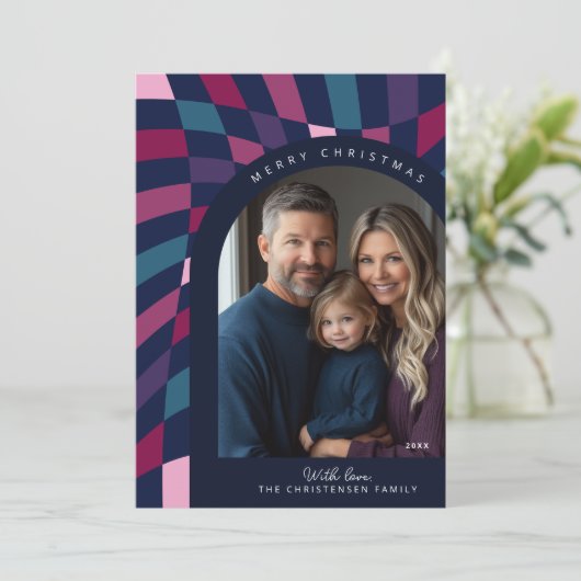 Retro vet geruite foto kerst Kaart (Staand voorkant)