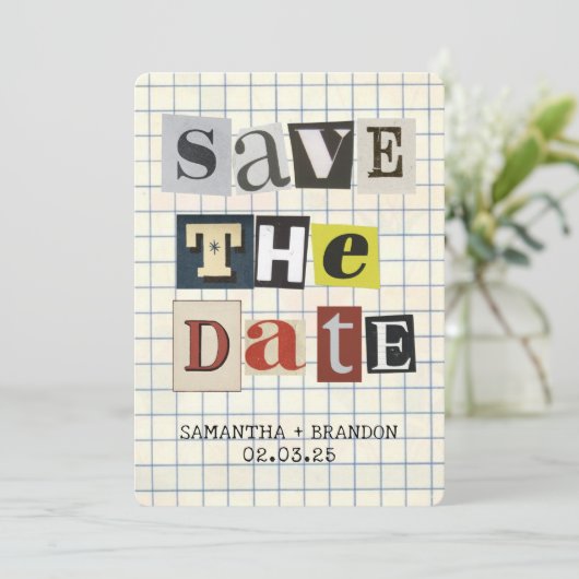 Retro vet papier collage letter QR code Save The Date (Staand voorkant)