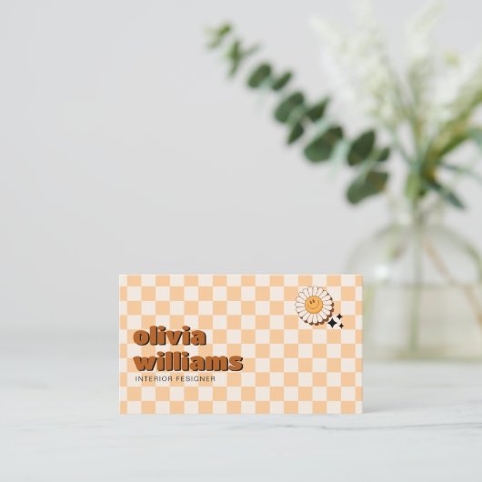 Retro Vet QR Code Boho Groovy Lachende Bloem Visitekaartje (Staand voorkant)