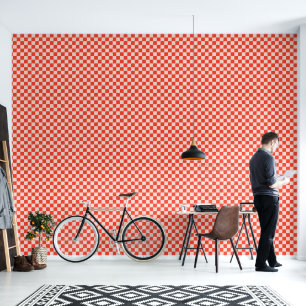 Retro vet rood en wit geometrisch schaakbord behang