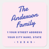 Retro vet typografie roze blauw retour adres vierkante sticker (Voorkant)