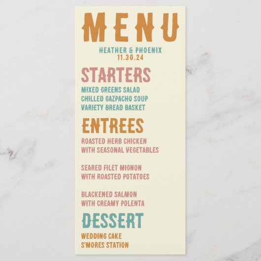 Retro Vette Typografie Heldere Foto Bruiloft Menu (Voorkant)