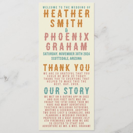 Retro Vette Typografie Heldere Foto Bruiloft Programmakaart (Voorkant)