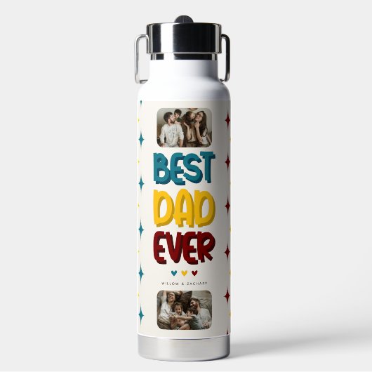 Retro Vibe 'Beste vader ooit' 2 Fotocollage Waterfles (Voorkant)