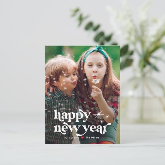 Retro Vibe Gelukkig Nieuwjaar Foto Ansichtkaart Feestdagenkaart (Staand voorkant)