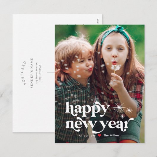 Retro Vibe Gelukkig Nieuwjaar Foto Ansichtkaart Feestdagenkaart (Voorkant / Achterkant)
