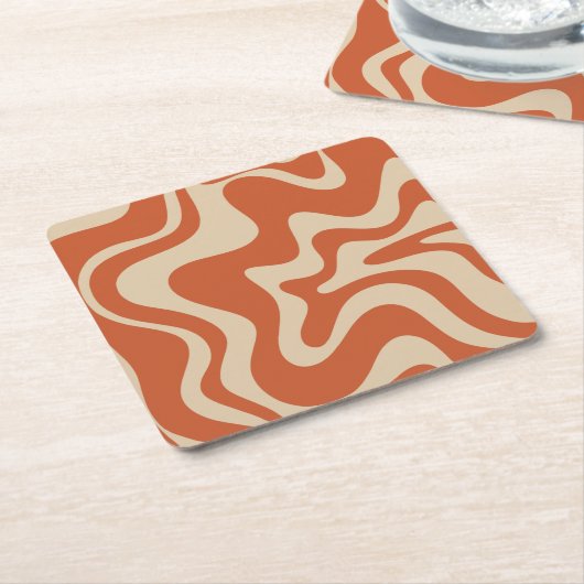 Retro Vibe Liquid Swirl Abstract Patroon Oranje Kartonnen Onderzetters (Schuin)