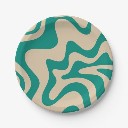 Retro Vibe Liquid Swirl Patroon in Blauwgroen en b Papieren Bordje (Voorkant)