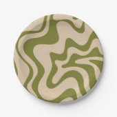 Retro Vibe Liquid Swirl Patroon in Olive Green Papieren Bordje (Voorkant)