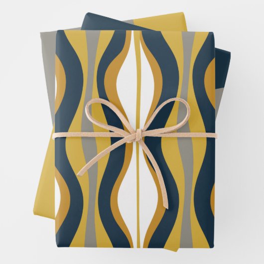 Retro Vibe Mustard Navy Blue Grey Inpakpapier Vel (In situ)