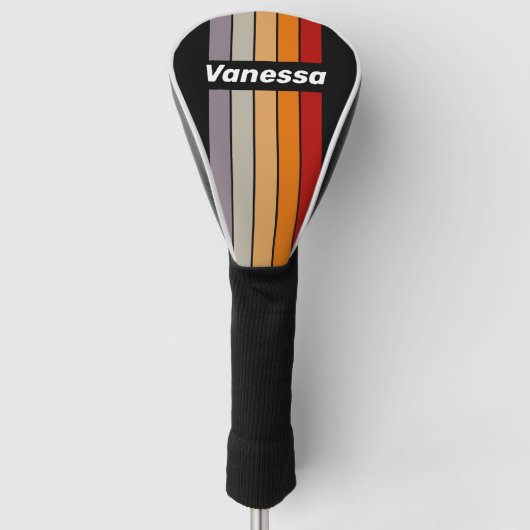 Retro Vibe Regenboog Speld Gestreept met Naam Golfheadcover (Voorkant)