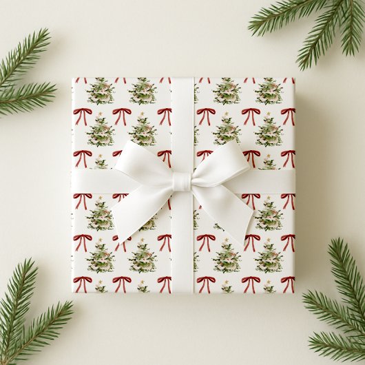 Retro vibe, rode bogen en kerstboom patroon cadeaupapier