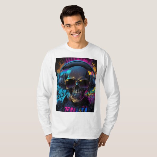 Retro Vibe Skull Graphic met muziekflair T-shirt (Voorkant volledig)