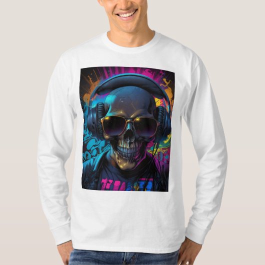 Retro Vibe Skull Graphic met muziekflair T-shirt (Voorkant)