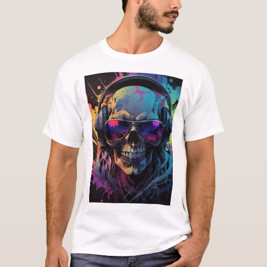Retro Vibe Skull T-Shirt Design met Muziek Flair (Voorkant)