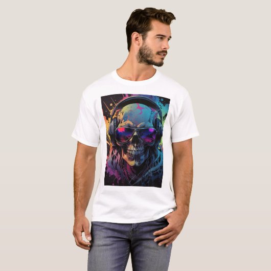 Retro Vibe Skull T-Shirt Design met Muziek Flair (Voorkant volledig)