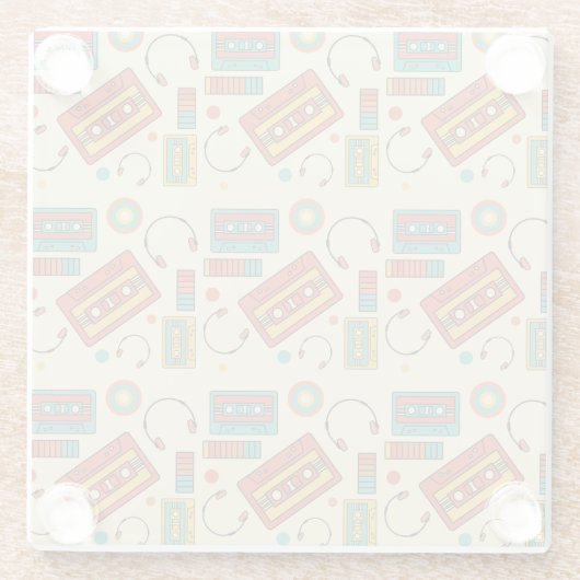 Retro Vibes - 1980s Cassettebandjes Pattern Glazen Onderzetter (Achterkant)