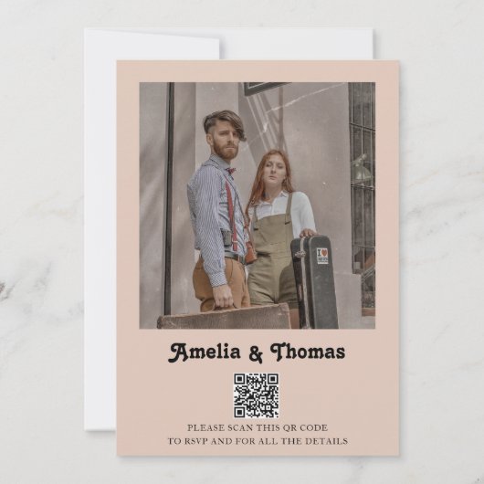 Retro Vibes Boho Beige Foto QR Code Bruiloft Kaart (Achterkant)