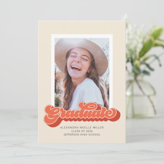 Retro Vibes (koraal) Aankondiging Afstuderen foto' (Staand voorkant)