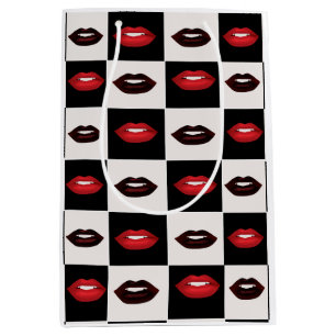 Retro Vibes Rode Lippen Zwart-wit Checkerboard Medium Cadeauzakje