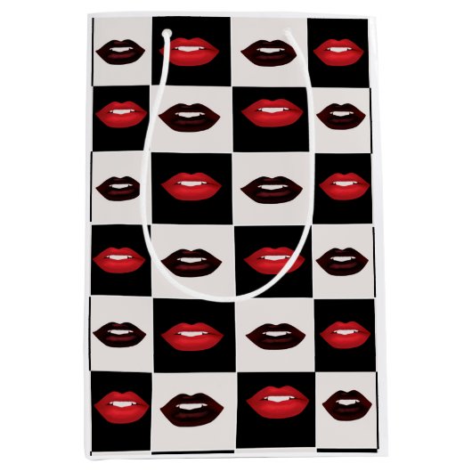 Retro Vibes Rode Lippen Zwart-wit Checkerboard Medium Cadeauzakje (Voorkant)