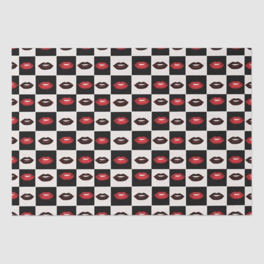 Retro Vibes Rode Lippen Zwart-wit Checkerboard Tissuepapier (Voorkant)