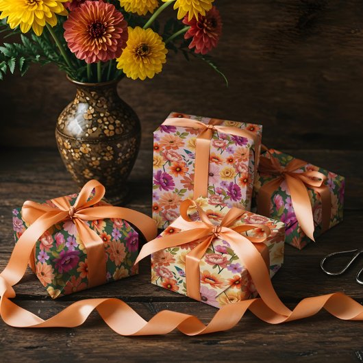 Retro Vibrant Botanische Bloemen & Bladerpatroon Inpakpapier Vel