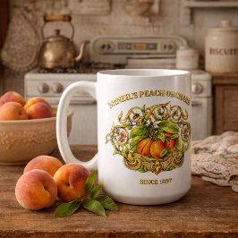 Retro Victoriaans tijdperk perzikboomgaard label s Koffiemok