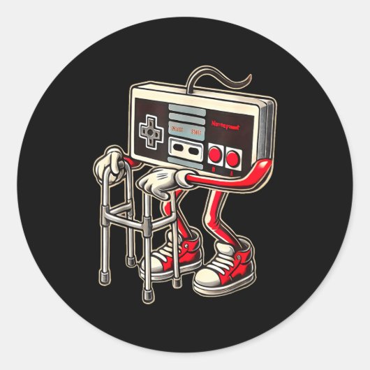 Retro Video Game Controller With Walker Funny Game Ronde Sticker (Voorkant)