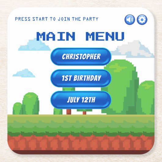 Retro Video Game Menu 1e Verjaardagsfeest Kartonnen Onderzetters (Voorkant)