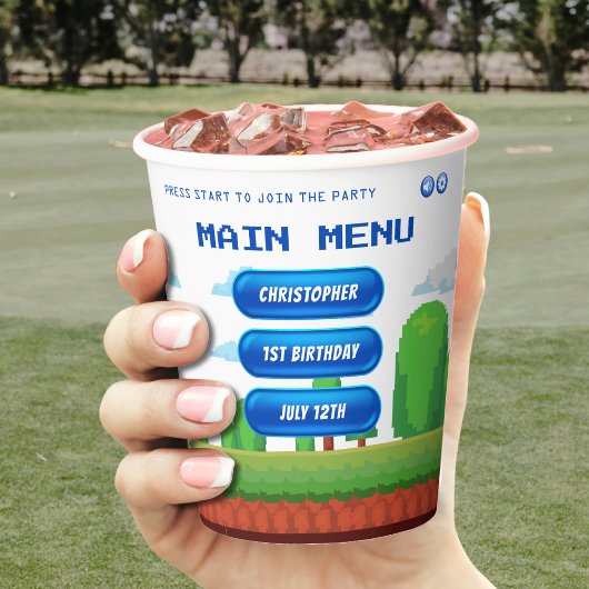 Retro Video Game Menu 1e Verjaardagsfeest Papieren Bekers