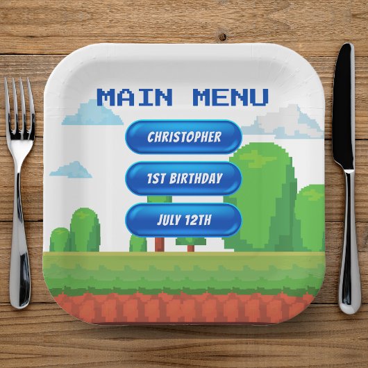 Retro Video Game Menu 1e Verjaardagsfeest Papieren Bordje