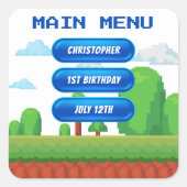 Retro Video Game Menu 1e Verjaardagsfeest Vierkante Sticker (Voorkant)