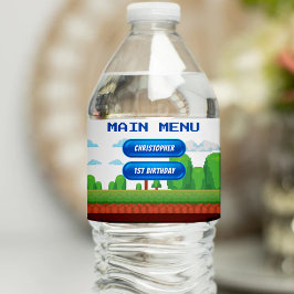 Retro Video Game Menu 1e Verjaardagsfeest Waterfles Etiket