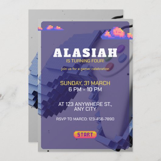 Retro Video Game Verjaardag Party Uitnodiging Gami (Voorkant / Achterkant)