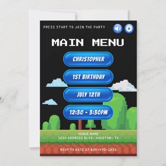Retro videogame menu zwart 1e verjaardagsfeestje kaart (Voorkant)