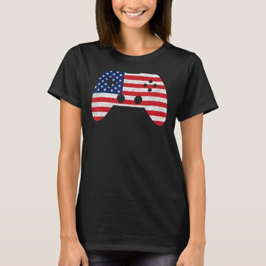 Retro videogamecontroller Amerikaanse vlag 4 juli T-shirt (Voorkant)