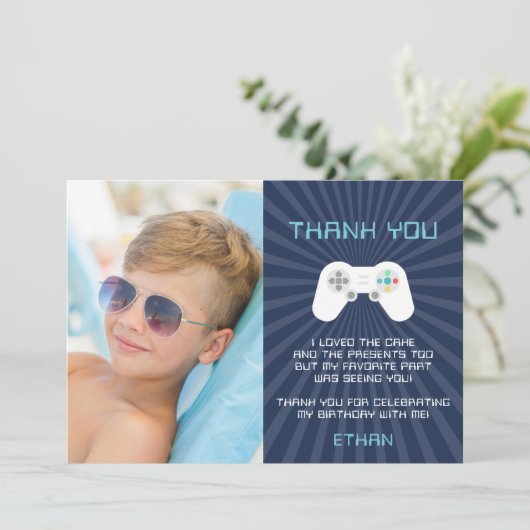 Retro Videospel Kinderen Verjaardag Foto Bedankkaart (Staand voorkant)