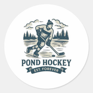Retro vijverhockeyspeler Bevroren meer Winter Ronde Sticker