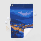 Retro Village Mountain Blue Gold Landschap Golfhanddoek (Insitu)