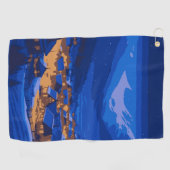 Retro Village Mountain Blue Gold Landschap Golfhanddoek (Horizontaal)
