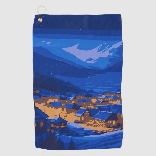 Retro Village Mountain Blue Gold Landschap Golfhanddoek (Voorkant)