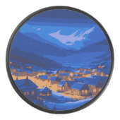 Retro Village Mountain Blue Gold Landschap Hockey Puck (Voorkant)