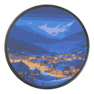 Retro Village Mountain Blue Gold Landschap Hockey Puck