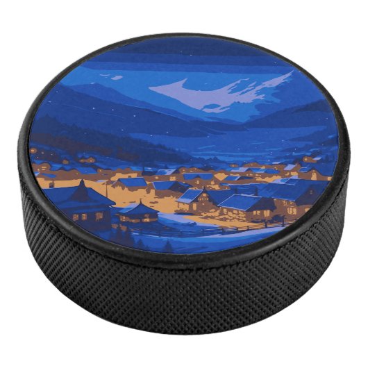 Retro Village Mountain Blue Gold Landschap Hockey Puck (3/4)
