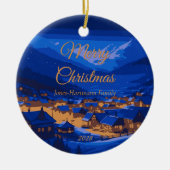 Retro Village Mountain Blue Gold Landschap Keramisch Ornament (Voorkant)
