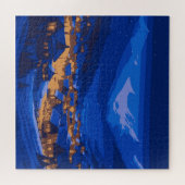 Retro Village Mountain Blue Gold Landschap Legpuzzel (Horizontaal)
