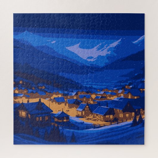 Retro Village Mountain Blue Gold Landschap Legpuzzel (Verticaal)