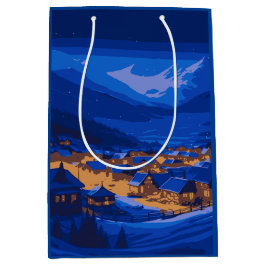 Retro Village Mountain Blue Gold Landschap Medium Cadeauzakje