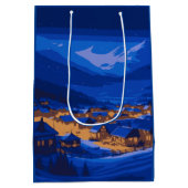 Retro Village Mountain Blue Gold Landschap Medium Cadeauzakje (Achterkant)